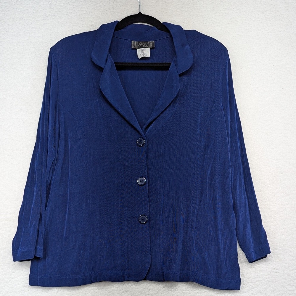 Shikry Brand Blue Acetate Spandex Button Down Long Sleeve Career Blouse PL